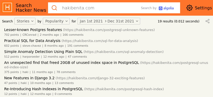 Posts from hakibenita.com on Hacker News (<a href="https://hn.algolia.com/?dateEnd=1640908800&dateRange=custom&dateStart=1609459200&page=0&prefix=false&query=hakibenita.com&sort=byPopularity&type=story">source</a>)