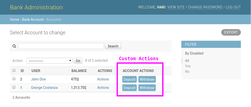 Django Admin interface with custom action buttons